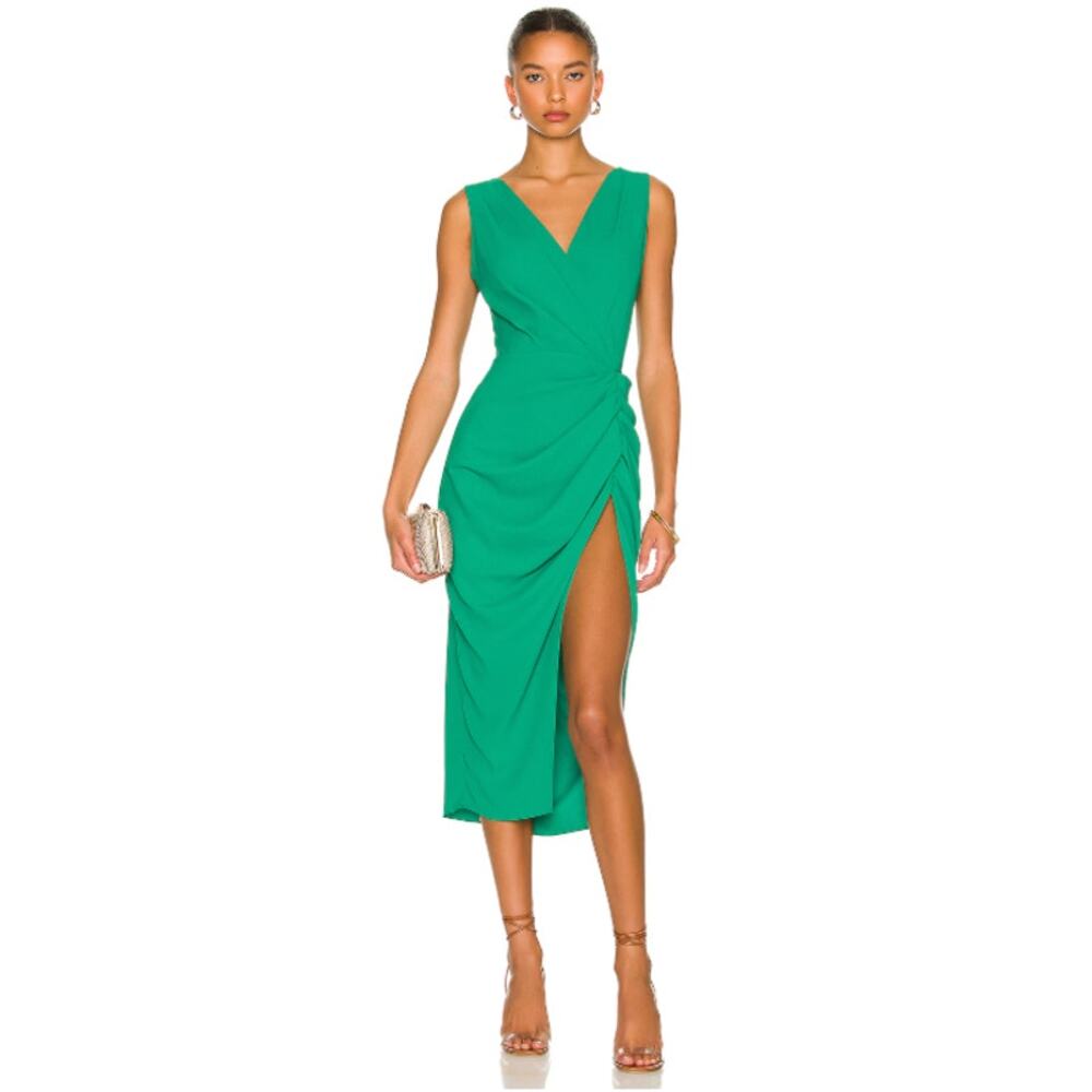 Amanda Uprichard Green Wrap Midi Dress with High Slit